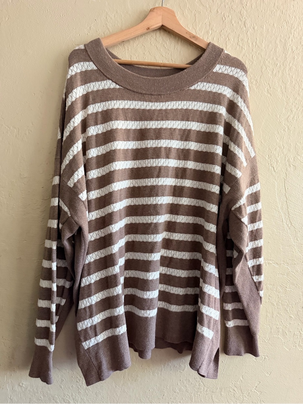 Tahari Taupe and White Striped Crewneck Sweater